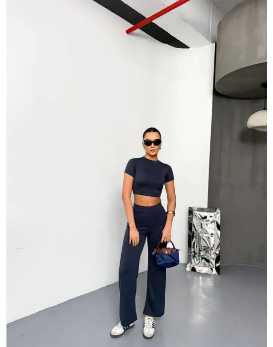 Füme Kısa Kollu Crop Alt Ispanyol Paça Pantalon Kadın Giyim