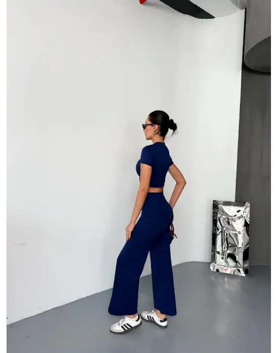 Lacivert Kısa Kollu Crop Alt Ispanyol Paça Pantalon Kadın Giyim