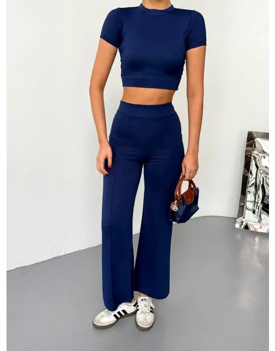 Lacivert Kısa Kollu Crop Alt Ispanyol Paça Pantalon Kadın Giyim