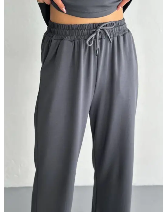 Osy Modal Yumuşak Dokulu Kumaş Kısa Kollu Yakalı T-shirt Pantalon Ikili Takım- Antrasit