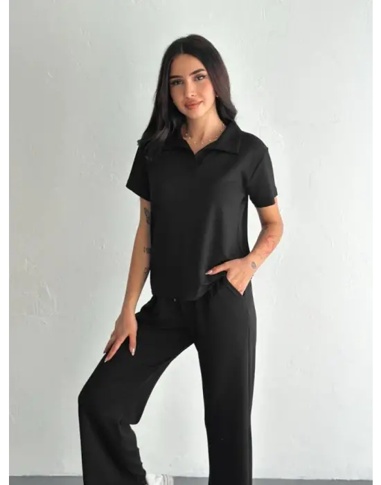 Osy Modal Yumuşak Dokulu Kumaş Kısa Kollu Yakalı T-shirt Pantalon Ikili Takım- Siyah