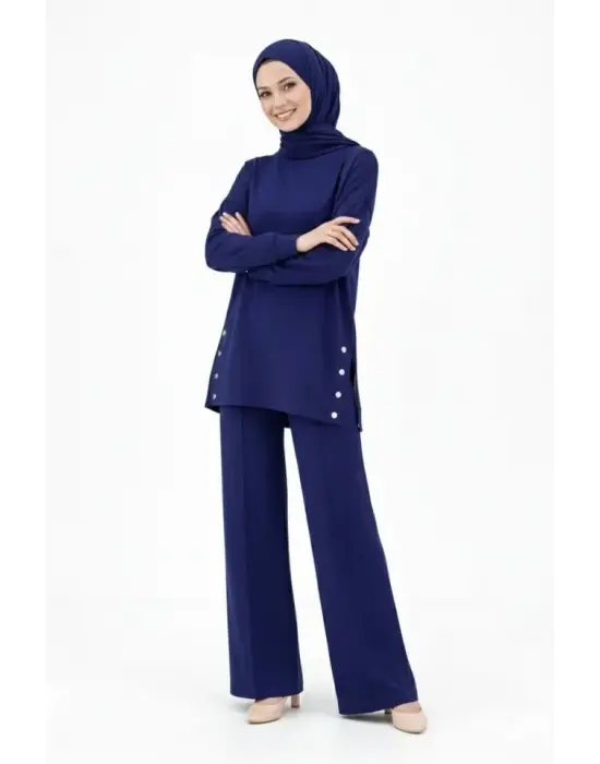 Osy Modal Yumuşak Dokulu Kumaş Modern Tesettür Takım Yandan Metal Çıtçıtlı Uzun Tunik Pantolon Set Salaş Kalıp - Lacivert