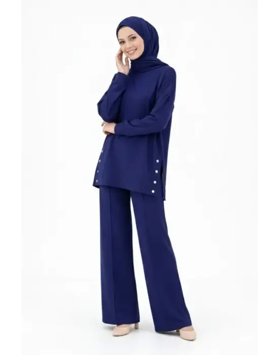 Osy Modal Yumuşak Dokulu Kumaş Modern Tesettür Takım Yandan Metal Çıtçıtlı Uzun Tunik Pantolon Set Salaş Kalıp - Lacivert