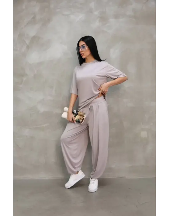 Osy Modal Yumuşak Dokulu Kumaş Oversize Bisiklet Yaka T-shirt Jogger Eşofman Altı Eşofman Takımı - Gri