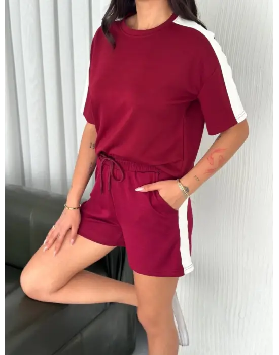 Osy Modal Yumuşak Dokulu Kumaş Parçalı Bisiklet Yaka T-shirt Kısa Şort İkili Takım -  Bordo