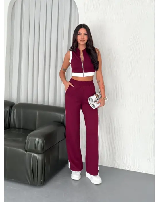 Osy Modal Yumuşak Dokulu Kumaş Tam Fermuarlı Crop Pantalon İkili Takım - Bordo