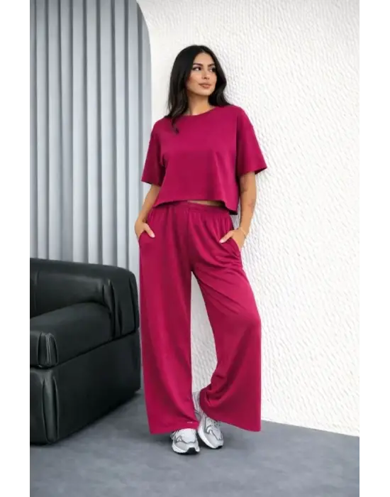 Osy Modal Yumuşak Dokulu Şalaş Oversize İkili Takım Bol Paça Pantolonlu Rahat Günlük Takım - Fuşya