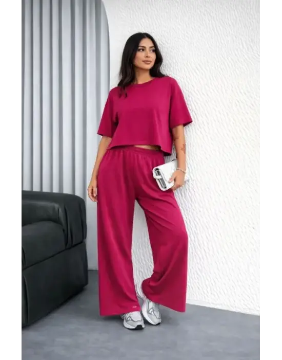 Osy Modal Yumuşak Dokulu Şalaş Oversize İkili Takım Bol Paça Pantolonlu Rahat Günlük Takım - Fuşya