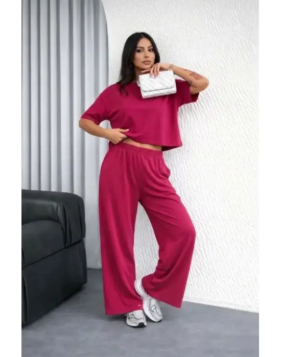 Osy Modal Yumuşak Dokulu Şalaş Oversize İkili Takım Bol Paça Pantolonlu Rahat Günlük Takım - Fuşya