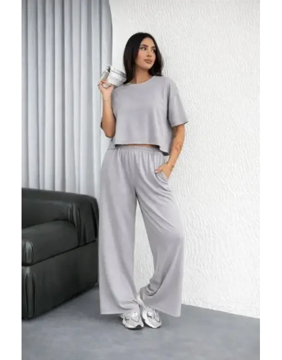 Osy Modal Yumuşak Dokulu Şalaş Oversize İkili Takım Bol Paça Pantolonlu Rahat Günlük Takım - Gri