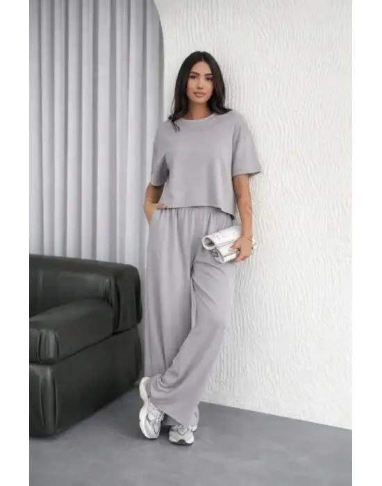 Osy Modal Yumuşak Dokulu Şalaş Oversize İkili Takım Bol Paça Pantolonlu Rahat Günlük Takım - Gri