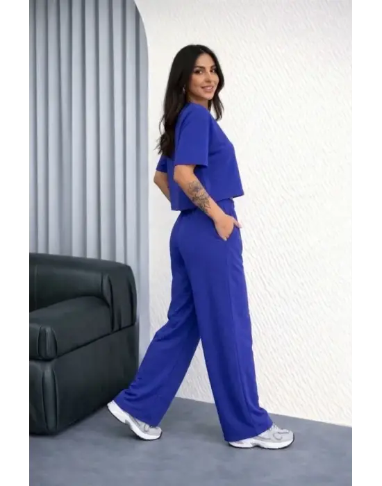 Osy Modal Yumuşak Dokulu Şalaş Oversize İkili Takım Bol Paça Pantolonlu Rahat Günlük Takım - Saks Mavisi
