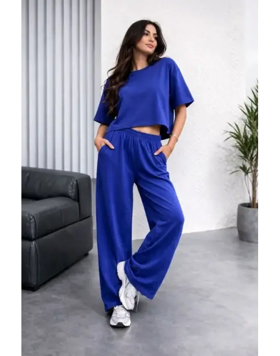 Osy Modal Yumuşak Dokulu Şalaş Oversize İkili Takım Bol Paça Pantolonlu Rahat Günlük Takım - Saks Mavisi
