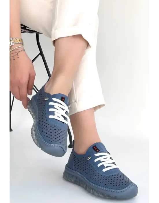 Otja Mavi Deri Lazerli Bağcıklı Spor Ayakkabı
