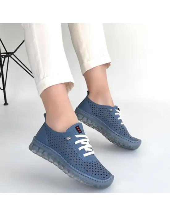 Otja Mavi Deri Lazerli Bağcıklı Spor Ayakkabı