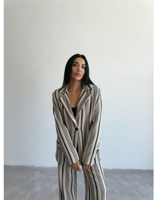 OTTOMAN ÇİZGİLİ CEKET-PANTOLON TK - Bej