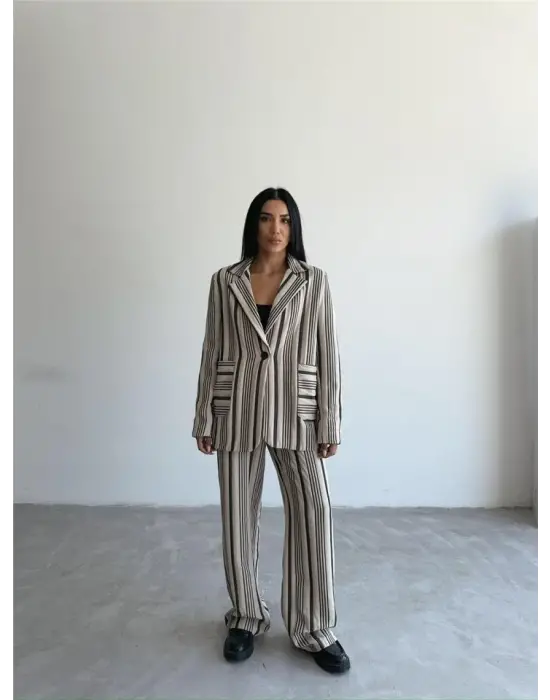 OTTOMAN ÇİZGİLİ CEKET-PANTOLON TK - Bej