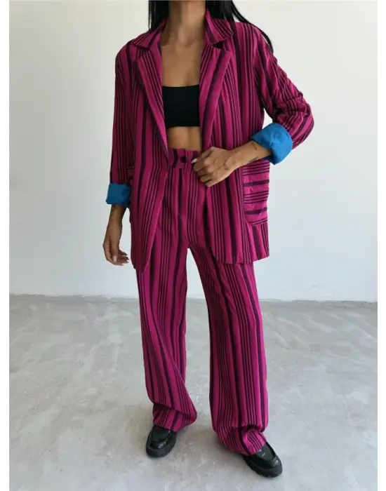 OTTOMAN ÇİZGİLİ CEKET-PANTOLON TK - Fuşya