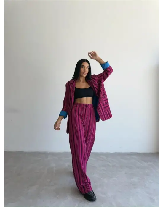 OTTOMAN ÇİZGİLİ CEKET-PANTOLON TK - Fuşya