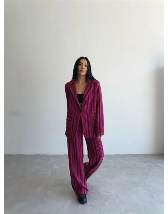 OTTOMAN ÇİZGİLİ CEKET-PANTOLON TK - Fuşya