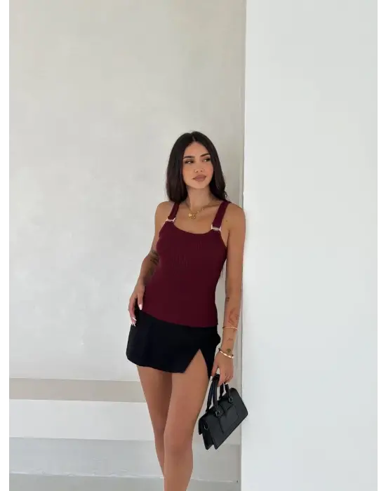 Ottoman toka askılı bluz bordo s4194