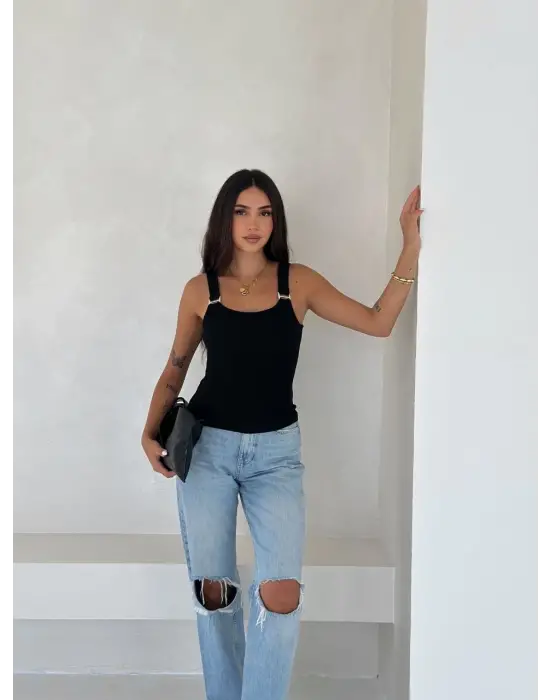 Ottoman toka askılı bluz siyah s4194