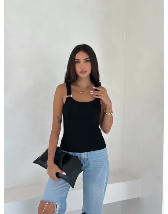 Omarı Siyah Ottoman Toka Askılı Bluz