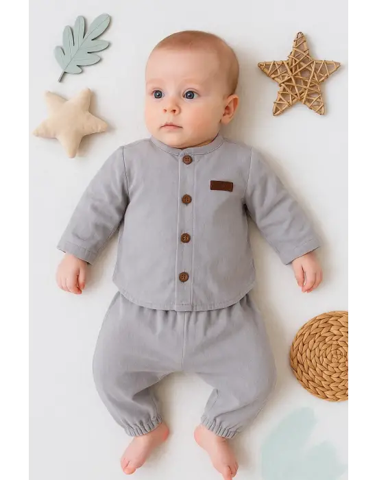 Oval Kesim 5 Düğmeli Müslin Kumaş 2li Erkek Bebek Takımı