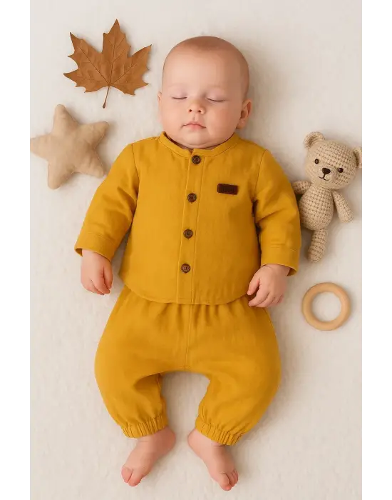 Oval Kesim 5 Düğmeli Müslin Kumaş 2li Erkek Bebek Takımı