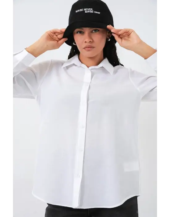 Oversize Basic Gömlek 20349 - Beyaz