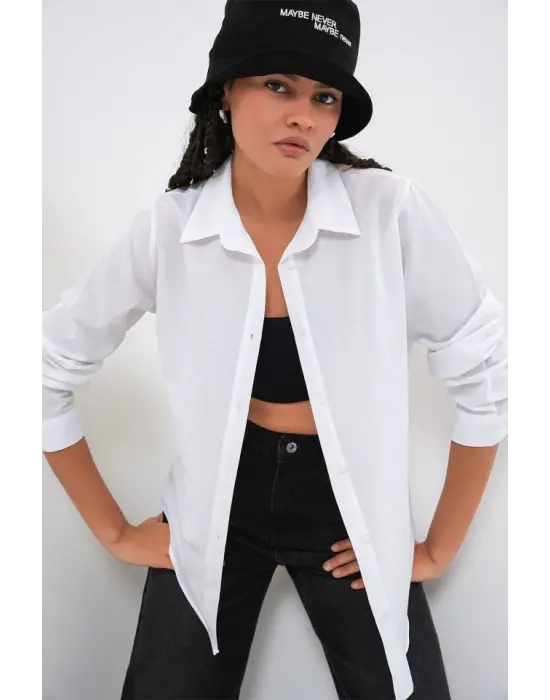 Oversize Basic Gömlek 20349 - Beyaz