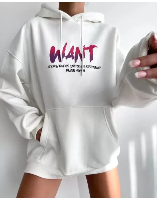 Omarı Rahat ve Şık Kapüşonlu Sweatshirt - Beyaz