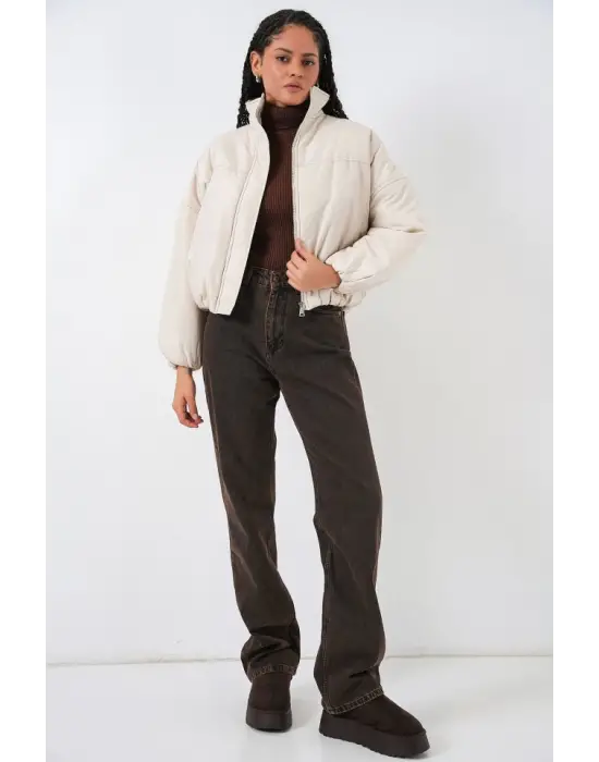 Ekru Oversize Bomber Şişme Mont Kadın Giyim