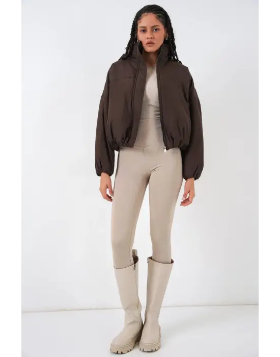 Kahverengi Oversize Bomber Şişme Mont Kadın Giyim