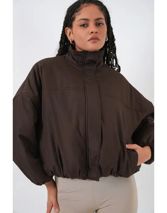 Kahverengi Oversize Bomber Şişme Mont Kadın Giyim
