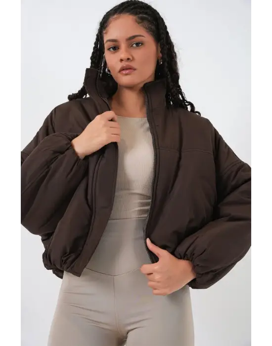 Kahverengi Oversize Bomber Şişme Mont Kadın Giyim