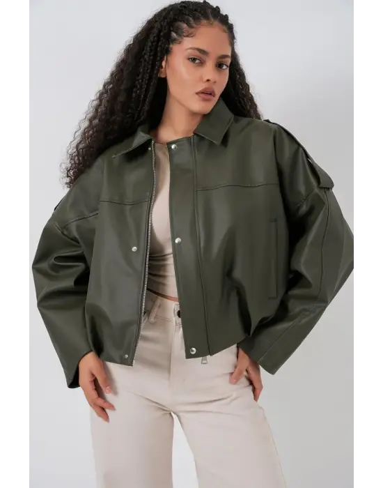 Oversize Deri Ceket 1055 - Haki