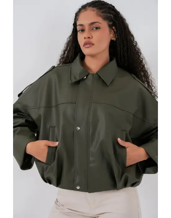 Oversize Deri Ceket 1055 - Haki