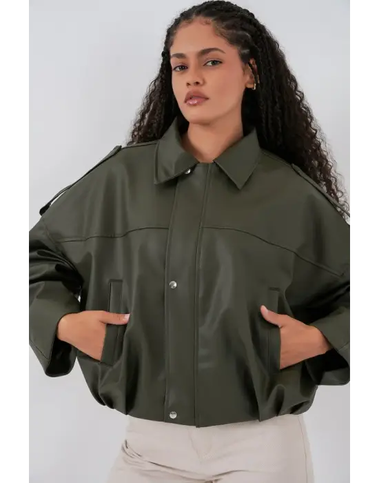 Oversize Deri Ceket 1055 - Haki