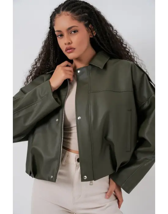 Oversize Deri Ceket 1055 - Haki
