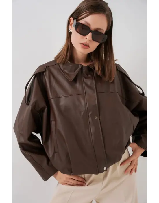 Oversize Deri Ceket 1055 - Kahverengi