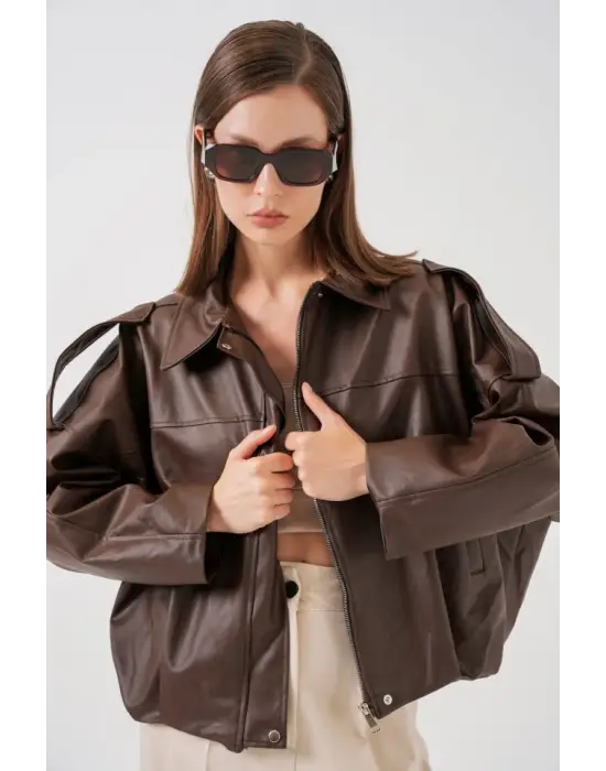 Oversize Deri Ceket 1055 - Kahverengi
