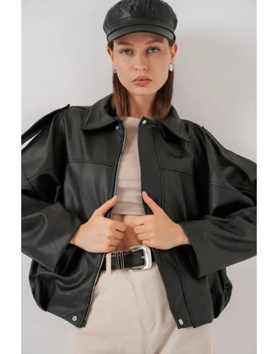 Oversize Deri Ceket 1055 - Siyah
