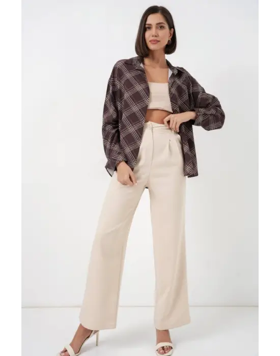 Oversize Desenli Gömlek 20372 - Kahverengi