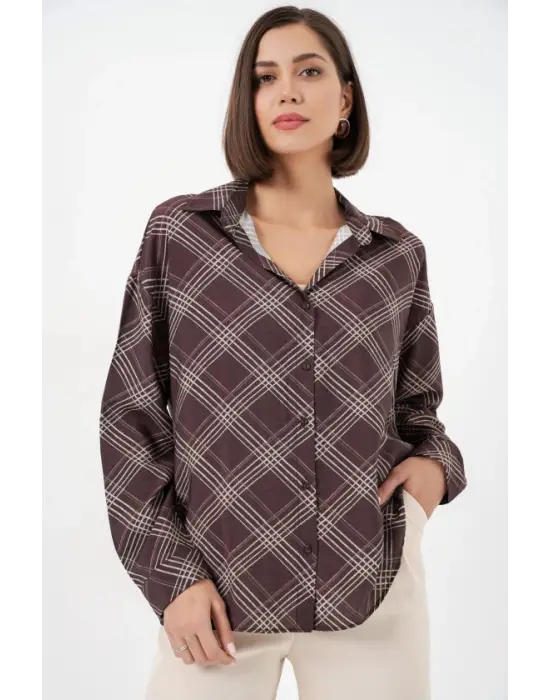 Oversize Desenli Gömlek 20372 - Kahverengi
