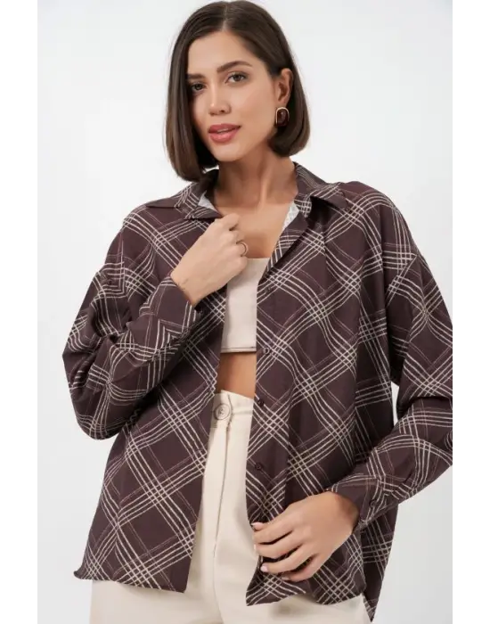 Oversize Desenli Gömlek 20372 - Kahverengi