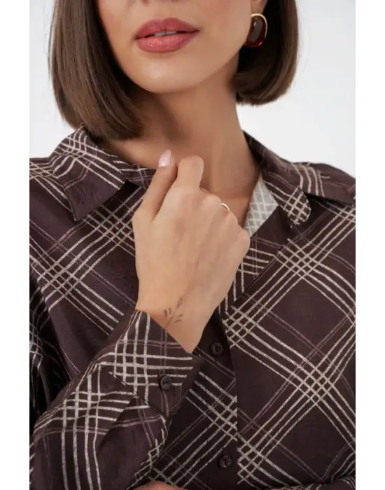 Oversize Desenli Gömlek 20372 - Kahverengi