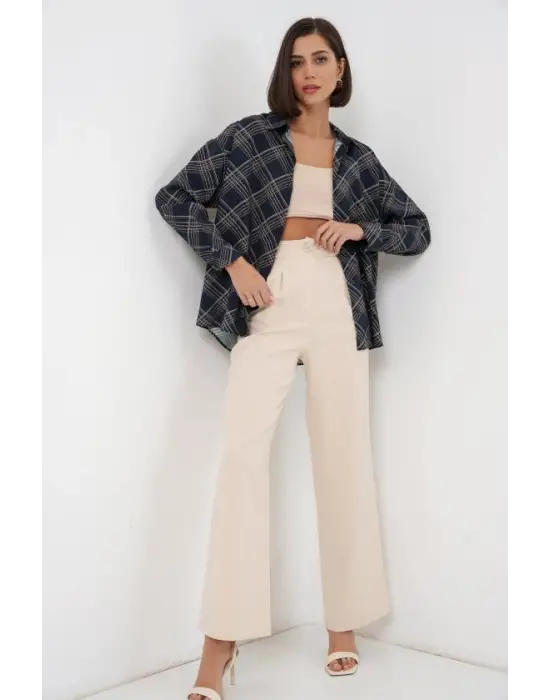 Oversize Desenli Gömlek 20372 - Lacivert