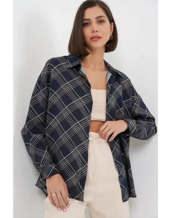 Oversize Desenli Gömlek 20372 - Lacivert