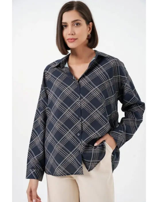 Oversize Desenli Gömlek 20372 - Lacivert